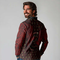 Raven and Bear Norse Symbolism Long Sleeve Polo Shirt Viking Blood Red Rune Art Style