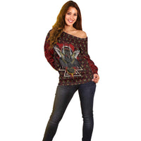 Raven and Bear Norse Symbolism Off Shoulder Sweater Viking Blood Red Rune Art Style