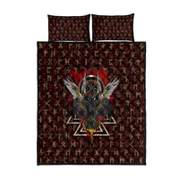 Raven and Bear Norse Symbolism Quilt Bed Set Viking Blood Red Rune Art Style