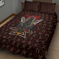 Raven and Bear Norse Symbolism Quilt Bed Set Viking Blood Red Rune Art Style