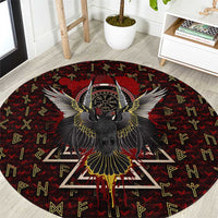 Raven and Bear Norse Symbolism Round Carpet Viking Blood Red Rune Art Style