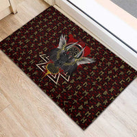 Raven and Bear Norse Symbolism Rubber Doormat Viking Blood Red Rune Art Style