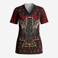 Raven and Bear Norse Symbolism Scrub Top Viking Blood Red Rune Art Style