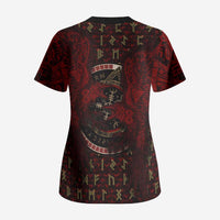 Raven and Bear Norse Symbolism Scrub Top Viking Blood Red Rune Art Style