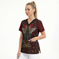 Raven and Bear Norse Symbolism Scrub Top Viking Blood Red Rune Art Style