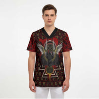 Raven and Bear Norse Symbolism Scrub Top Viking Blood Red Rune Art Style