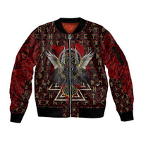 Raven and Bear Norse Symbolism Sleeve Zip Bomber Jacket Viking Blood Red Rune Art Style