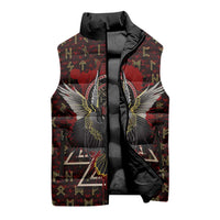 Raven and Bear Norse Symbolism Sleeveless Puffer Jacket Viking Blood Red Rune Art Style