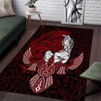 Raven and Serpent Norse Mythology Area Rug Red and White Viking Line Art