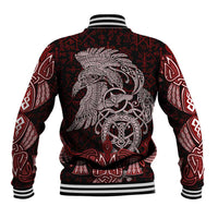 Raven and Serpent Norse Mythology Baseball Jacket Red and White Viking Line Art