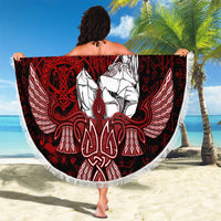 Raven and Serpent Norse Mythology Beach Blanket Red and White Viking Line Art