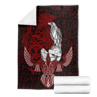 Raven and Serpent Norse Mythology Blanket Red and White Viking Line Art
