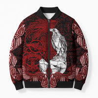Raven and Serpent Norse Mythology Bomber Puffer Jacket Red and White Viking Line Art
