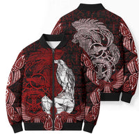 Raven and Serpent Norse Mythology Bomber Puffer Jacket Red and White Viking Line Art