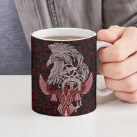 Raven and Serpent Norse Mythology Ceramic Mug Red and White Viking Line Art