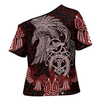 Raven and Serpent Norse Mythology Cross Shoulder Shirt Red and White Viking Line Art