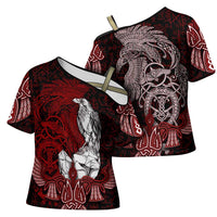 Raven and Serpent Norse Mythology Cross Shoulder Shirt Red and White Viking Line Art