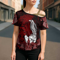 Raven and Serpent Norse Mythology Cross Shoulder Shirt Red and White Viking Line Art
