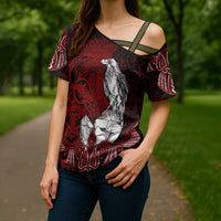 Raven and Serpent Norse Mythology Cross Shoulder Shirt Red and White Viking Line Art