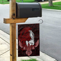 Raven and Serpent Norse Mythology Garden Flag Red and White Viking Line Art