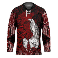 Raven and Serpent Norse Mythology Hockey Jersey Red and White Viking Line Art