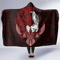 Raven and Serpent Norse Mythology Hooded Blanket Red and White Viking Line Art