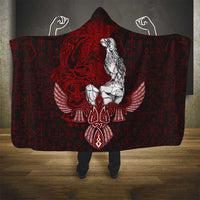 Raven and Serpent Norse Mythology Hooded Blanket Red and White Viking Line Art