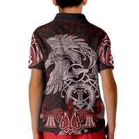 Raven and Serpent Norse Mythology Kid Polo Shirt Red and White Viking Line Art