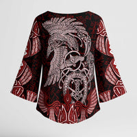 Raven and Serpent Norse Mythology Kimono Sleeve Blouse Red and White Viking Line Art
