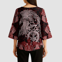 Raven and Serpent Norse Mythology Kimono Sleeve Blouse Red and White Viking Line Art