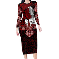 Raven and Serpent Norse Mythology Long Sleeve Bodycon Dress Red and White Viking Line Art