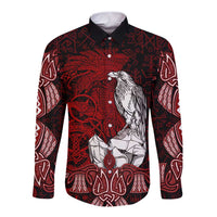 Raven and Serpent Norse Mythology Long Sleeve Button Shirt Red and White Viking Line Art