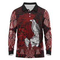 Raven and Serpent Norse Mythology Long Sleeve Polo Shirt Red and White Viking Line Art