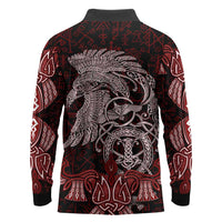 Raven and Serpent Norse Mythology Long Sleeve Polo Shirt Red and White Viking Line Art