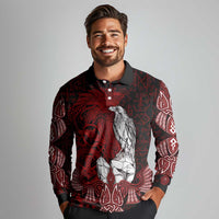 Raven and Serpent Norse Mythology Long Sleeve Polo Shirt Red and White Viking Line Art