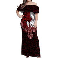 Raven and Serpent Norse Mythology Off Shoulder Maxi Dress Red and White Viking Line Art