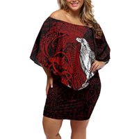 Raven and Serpent Norse Mythology Off Shoulder Short Dress Red and White Viking Line Art