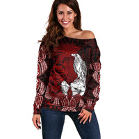 Raven and Serpent Norse Mythology Off Shoulder Sweater Red and White Viking Line Art