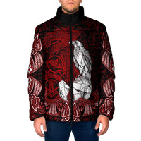 Raven and Serpent Norse Mythology Padded Jacket Red and White Viking Line Art