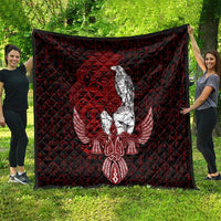 Raven and Serpent Norse Mythology Quilt Red and White Viking Line Art