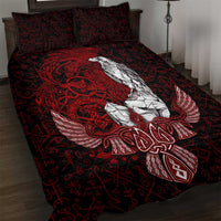 Raven and Serpent Norse Mythology Quilt Bed Set Red and White Viking Line Art