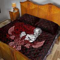 Raven and Serpent Norse Mythology Quilt Bed Set Red and White Viking Line Art