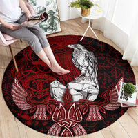 Raven and Serpent Norse Mythology Round Carpet Red and White Viking Line Art