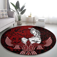 Raven and Serpent Norse Mythology Round Carpet Red and White Viking Line Art