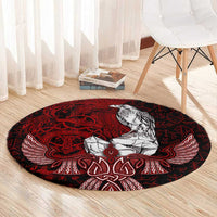 Raven and Serpent Norse Mythology Round Carpet Red and White Viking Line Art