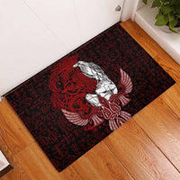 Raven and Serpent Norse Mythology Rubber Doormat Red and White Viking Line Art