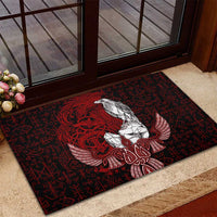 Raven and Serpent Norse Mythology Rubber Doormat Red and White Viking Line Art