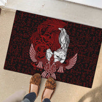 Raven and Serpent Norse Mythology Rubber Doormat Red and White Viking Line Art