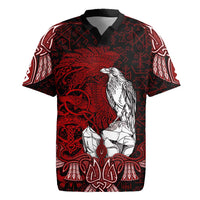 Raven and Serpent Norse Mythology Rugby Jersey Red and White Viking Line Art