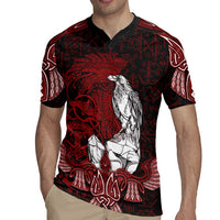 Raven and Serpent Norse Mythology Rugby Jersey Red and White Viking Line Art